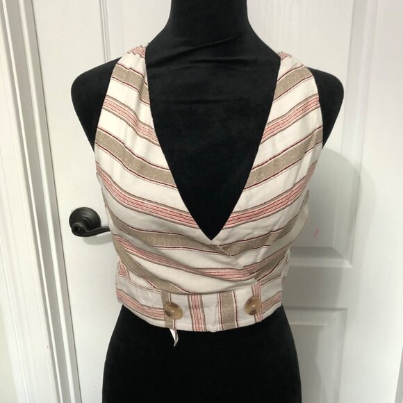 B.O.G. Collective Striped Halter Crop Top Beige & Red Small Viscose/Linen NWT - Picture 4 of 8